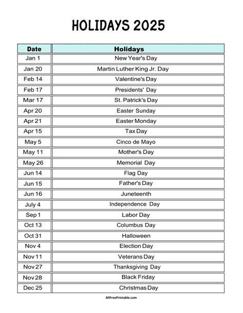 2025 holiday calendar