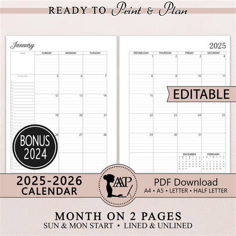 one page calendar 2025