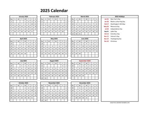 one page calendar 2025