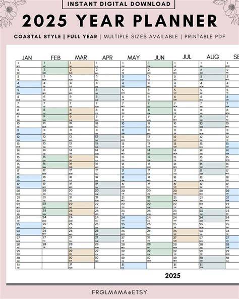 printable full year 2025 calendar