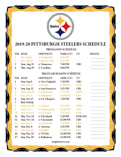 Steelers Schedule 2019 2020 Printable
