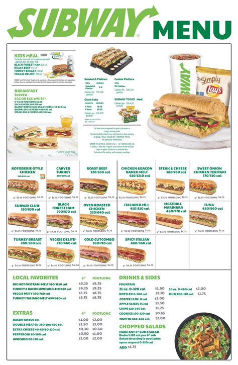 Subway Printable Menu 2024
