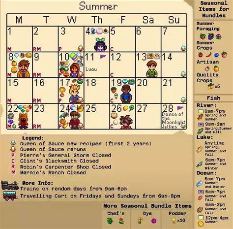 Summer Calendar Stardew