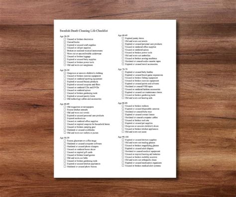 Swedish Death Cleaning Checklist Printable