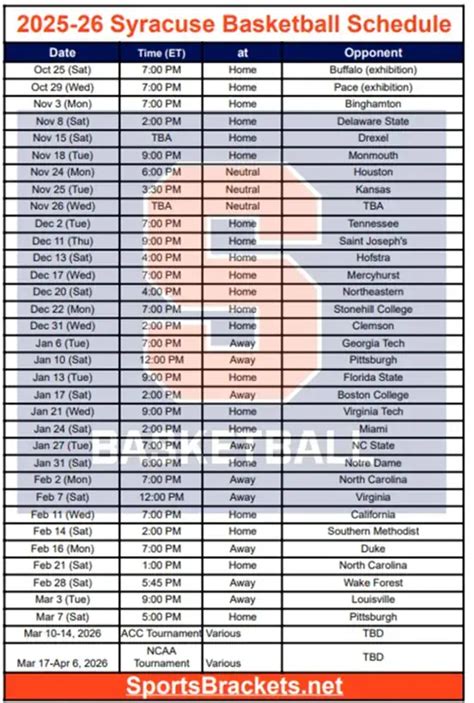 Syracuse Men S Basketball Printable Schedule