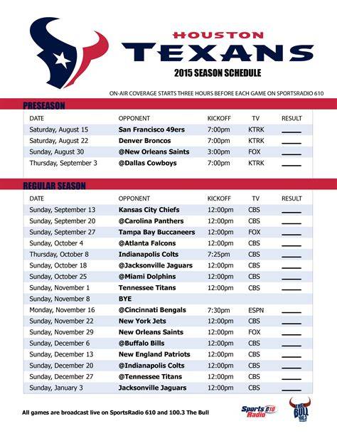 Texans Printable Schedule