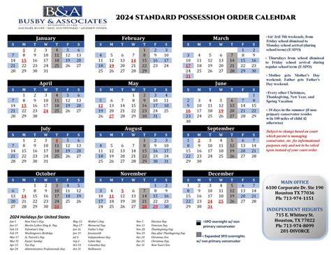 Texas Standard Possession Order Calendar 2024