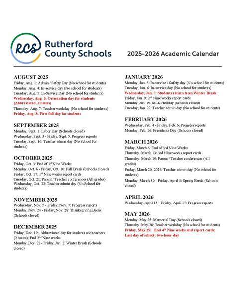 rutherford county school calendar