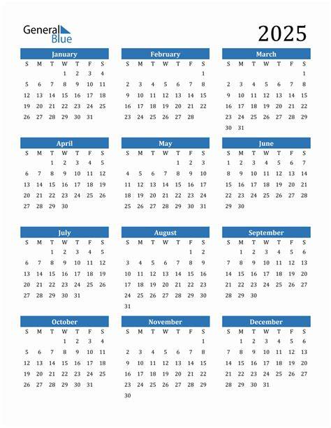 2025 general blue calendar