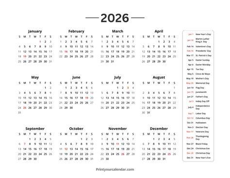 2026 calendar with holidays