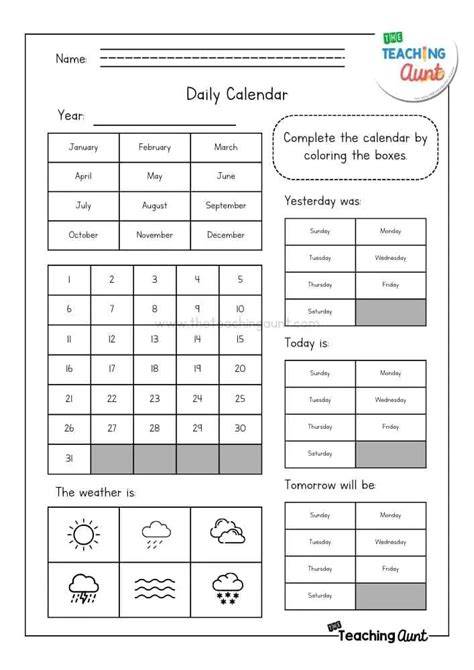 calendar worksheets for kindergarten