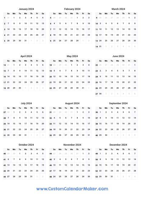 calendar with numbered weeks