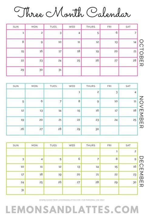 three month calendar printable