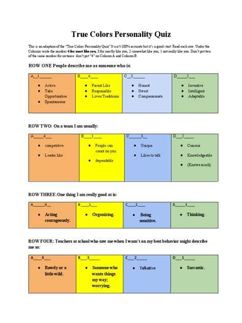 True Colors Personality Quiz Printable