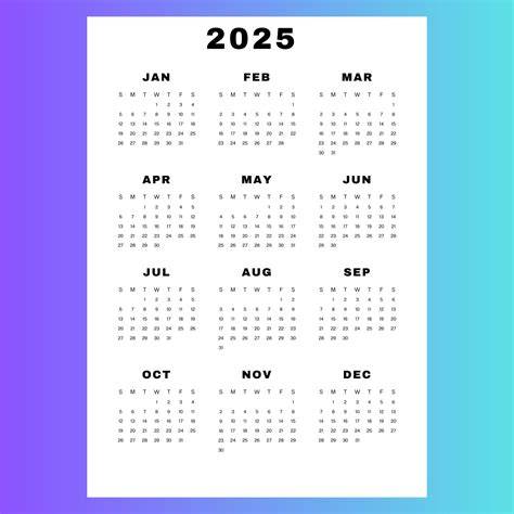 2025 one page calendar