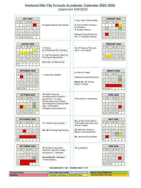 Vestavia School Calendar