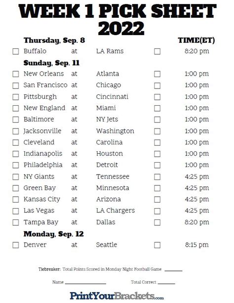 Week 1 Nfl Printable Schedule