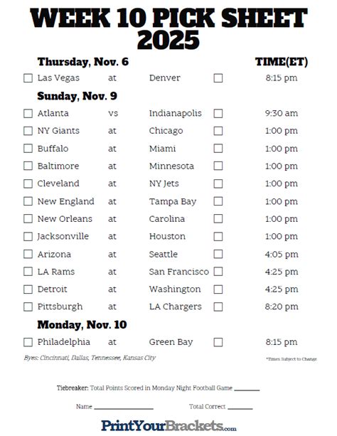 Week 10 Nfl Printable Schedule