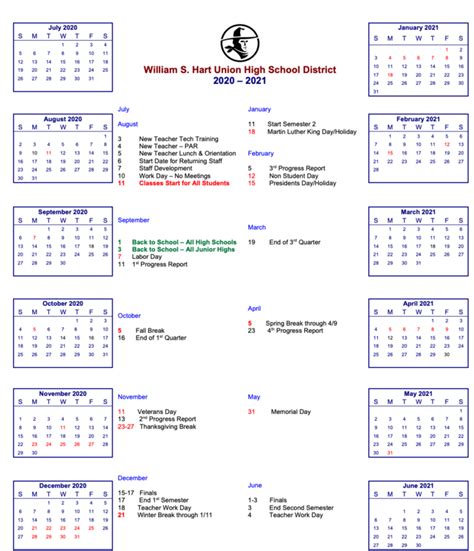 William S Hart District Calendar