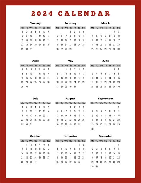Working Days Calendar 2024