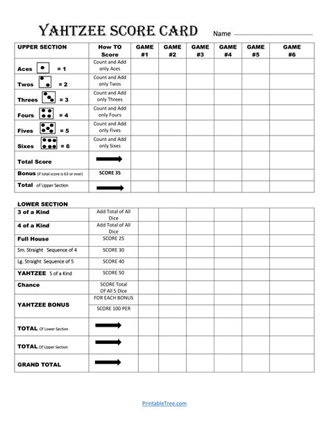 Yahtzee Score Card Free Printable