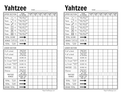 Yahtzee Score Card Printable Free