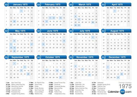Year 1975 Calendar