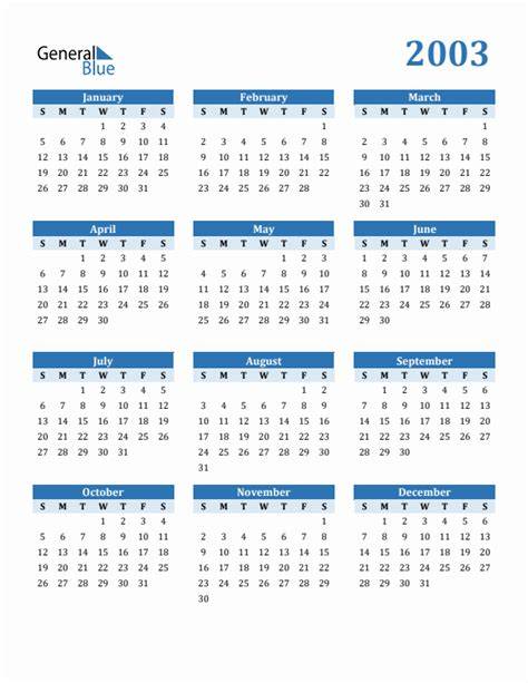 Year 2003 Calendar