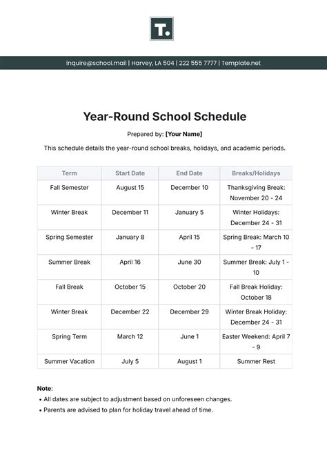 Year Round School Calendar