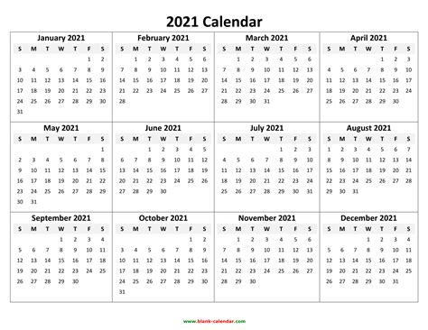 Yearly 2021 Calendar Printable