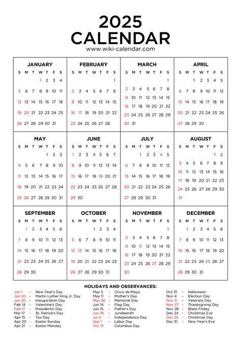 Yearly 2025 Calendar With Holidays Printable